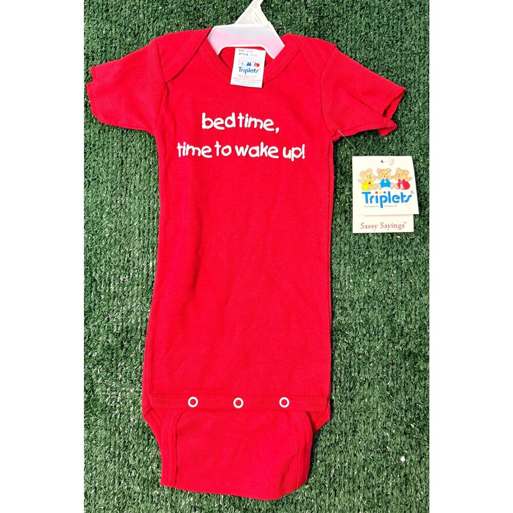Vintage 90s Triplets Bodysuit Size Medium Red White Bed Time, Time To Wake Up!